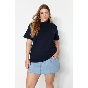 Trendyol Curve Navy Blue Ribbed Collar Boyfriend Knitted T-shirt