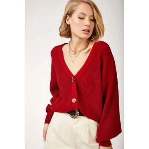 Happiness İstanbul Women's Red V-Neck Buttoned Knitwear Cardigan