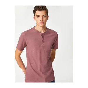 Koton Basic T-shirt With a Wide Collar Buttons, Slim Fit Short Sleeves