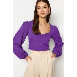 Trendyol Purple Crop Weave Sweetheart Neck Long Sleeve Blouse