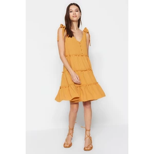 Trendyol Yellow Wide-Cut Mini Weave Ruffled Dress