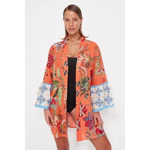 Trendyol Floral Pattern Belted Mini-Weave 100% Cotton Kimono & Caftan