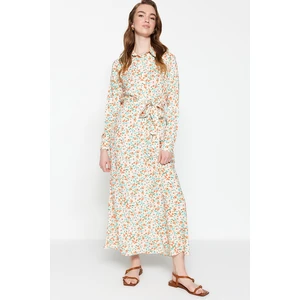 Trendyol Crispy Floral Patterned Ecru 100% Viscose Woven Shirt Dress With Belt