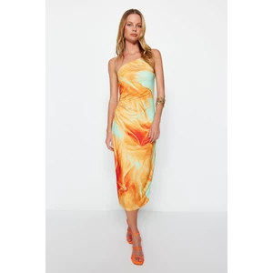 Trendyol Orange Printed Fitted Midi One-Shoulder, Flexible Knit Dress