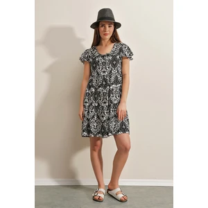 Bigdart 2352 Ethnic Patterned V-Neck Short Dress - Black