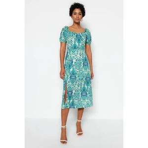 Trendyol Green Square Neck Slit Patterned Midi Woven Dress