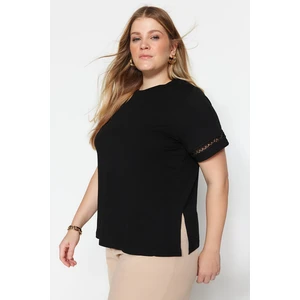 Trendyol Curve Black Crew Neck Lace Detailed 100% Cotton Knitted T-Shirt