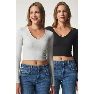 Happiness İstanbul Women's Gray Black V Neck 2 Pack Crop Knitted Blouse