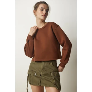 Happiness İstanbul Women's Brown Crew Neck Raised Crop Knitted Sweatshirt