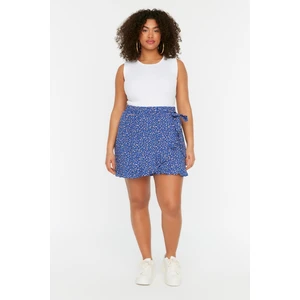 Trendyol Curve Blue Floral Patterned Lacing Detailed Woven Shorts