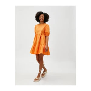 Koton Mini Poplin Dress with Balloon Sleeves Ruffles Crew Neck Cotton