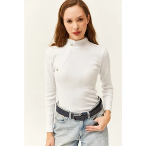 Olalook Women's Lycra White Button Detailed Half Turtleneck Blouse