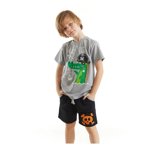 Denokids Pirate Alligator Boys Gray T-shirt and Black Shorts Set