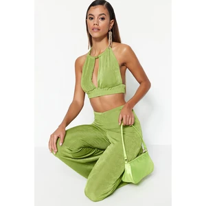 Trendyol Oil Green Crop Knitted Shimmer Blouse