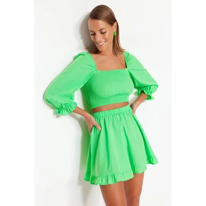 Trendyol Green Woven Guipure Blouse and Skirt Set