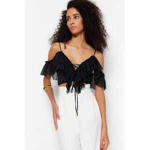 Trendyol Black Crop Knitted Frilly Blouse