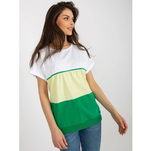 White-green loose basic blouse with short sleeves