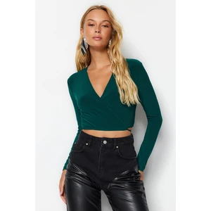 Trendyol Emerald Green Double Breasted Neck Fitted Crop Stretch Blouse