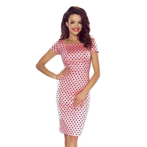 Elegant short-sleeved Bergamo cotton dress - pink with dark blue polka dots