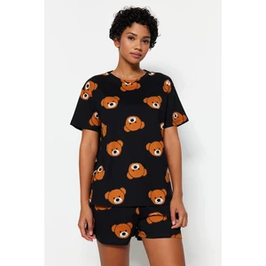 Trendyol Black 100% Cotton Teddy Bear Printed T-shirt-Shorts and Knitted Pajamas Set