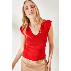 Olalook Women's Red Shoulder And Skirt Detailed Front Back V Knitwear Blouse