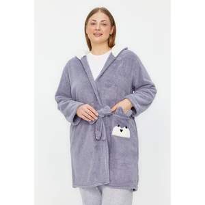 Trendyol Curve Gray Wellsoft/Plush Animal Figured Pocket Hooded Knitted Dressing Gown