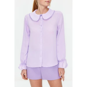 Trendyol Lilac Baby Collar Pompom Detailed Regular Normal Fit Woven Shirt