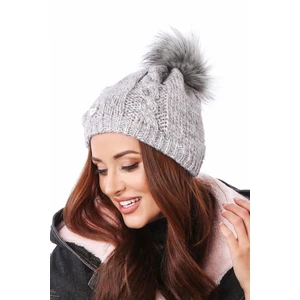 Winter cap with pompom, light gray with rose