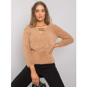 RUE PARIS Camel sweater with a triangular neckline