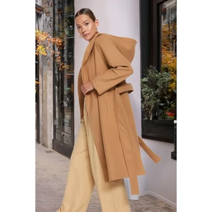 Trendyol Camel Oversize Wide-Cut Standard Size Hooded, Belted Long Stamped Coat