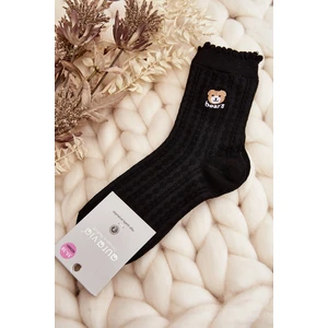 Patterned socks for women with teddy bear, black