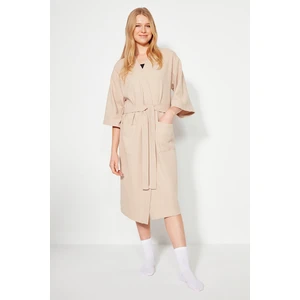 Trendyol Stone Cotton Textured Belted Knitted Dressing Gown