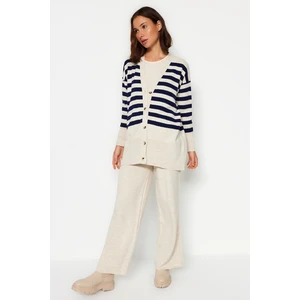 Trendyol Beige Button Detailed Jacquard Striped Cardigan Trousers Knitwear Two Piece Set