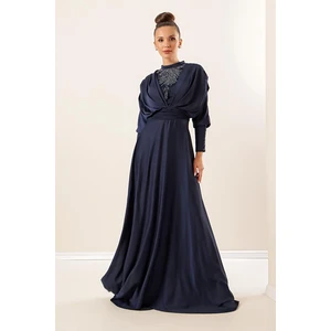 By Saygı Satin Long Dress with Gathered Sleeves, Button Detail, Lined and Beaded Front