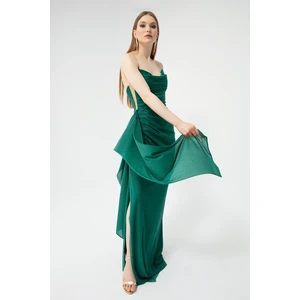 Lafaba Women's Emerald Green Bust Draping with a Slit, Glittery Evening Dress.