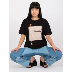 Black, loose-fitting cotton t-shirt with an applique