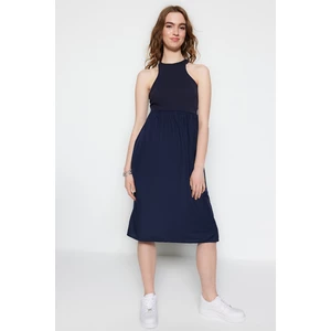 Trendyol Navy Blue Poplin Detail Halter Neck A-Line Midi Knitted Dress