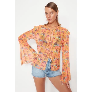 Trendyol Animal Patterned Woven Ruffle Mesh Blouse