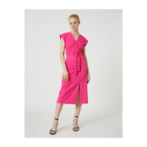 Koton Midi Length Dress With Belted Slit V-Neck