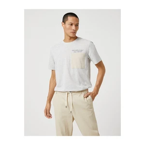 Koton Embroidered Motto T-shirt with Pocket Detailed Crew Neck.