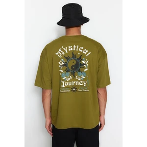 Trendyol Oil Green Men's Oversized/Wide Cut Crew Neck Short Sleeved Printed T-Shirt