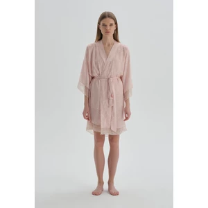 Dagi Dark Pink Patterned Satin Dressing Gown with Lace Detail.