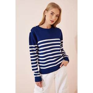 Happiness İstanbul Women's Navy Blue Button Detailed Striped Knitwear Sweater