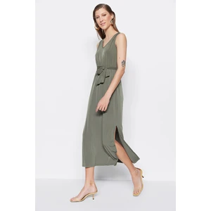 Trendyol Khaki Tie Detail Midi V-Neck Stretchy Knit Dress