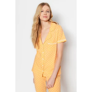 Trendyol Peach Pie Detailed Polka Dot Cotton Shirt-Pants Knitted Pajamas Set.