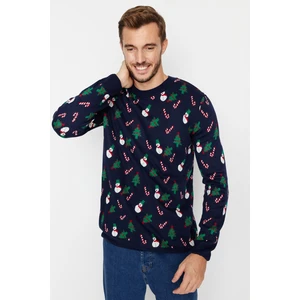 Trendyol Navy Blue Men's Regular Fit Crew Neck Christmas Jacquard Knitwear Sweater