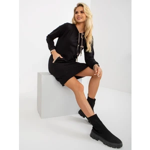 Black Mini Sweatshirt Basic Dress with Drawstring