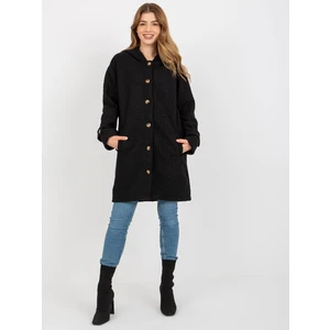 Black plush coat with button fastening