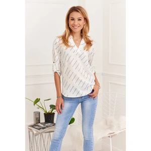 Airy shirt blouse with cream and blue patterns