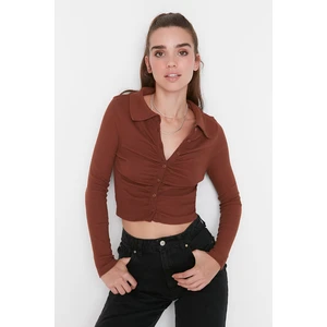 Trendyol Brown Ribbed and Gathered Crop Knitted Blouse